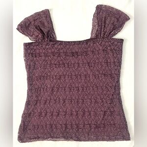 Max Studio Women’s Elegant Lace Floral Purple Top with Lace Sleeves Size Small